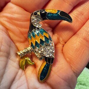 Toucan Brooch Enamel Rhinestone Bird Pin Colorful Vintage Style Statement
